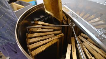 metallo serbatoio con centrifuga dentro per estrazione miele a partire dal favi. uomo mette montatura lato di lato in il bidone. vicino su. video