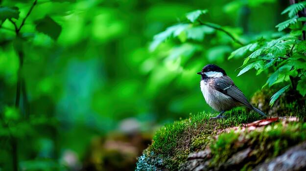 A small bird is sitting on a moss covered rock photo