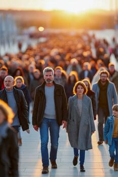 Crowd of diverse families enjoying an evening walk at sunset in a bustling area photo
