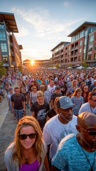 A diverse crowd of families walks together during a community event as the sun sets photo