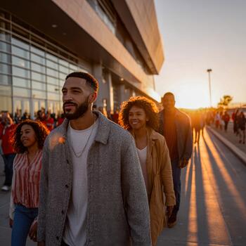 Families enjoy sunset walk outside a modern building in a diverse setting photo