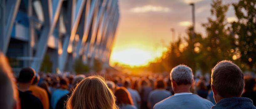 Families enjoying a sunset gathering at a community event with diverse participants photo