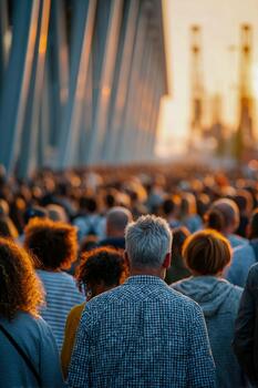 A crowd of people standing in front of a building photo