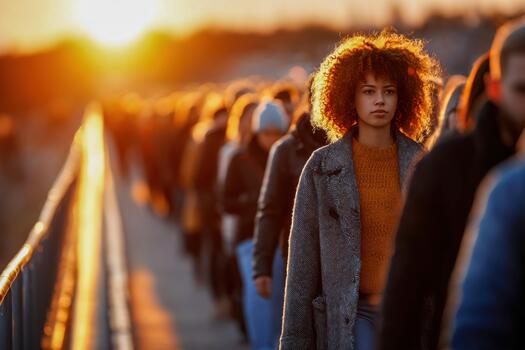 A group of people walking on a bridge at sunset photo