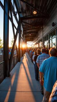 A group of people standing in line photo