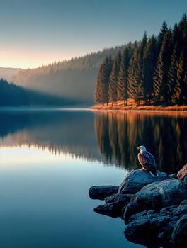 Iconic bald eagle perched by tranquil lake at dawn in a forest setting photo