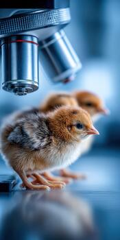 Newborn chicks lined up under microscope in bright laboratory setting photo