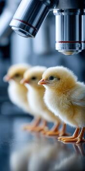 Newborn chicks lined up under a microscope in a research lab setting photo