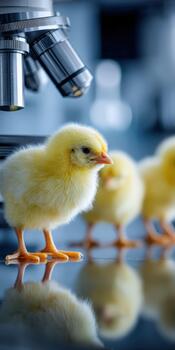 Newborn chicks explore a laboratory setting near a microscope photo