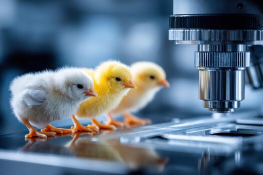 Newborn chicks lined up near a microscope in a brightly lit laboratory photo