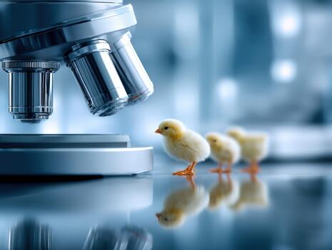Newborn chicks explore under a microscope in a modern laboratory setting photo