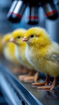 Newborn chicks lined up in a hatchery waiting for their new home photo