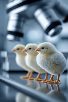 Newborn chicks lined up under a microscope in a laboratory setting photo