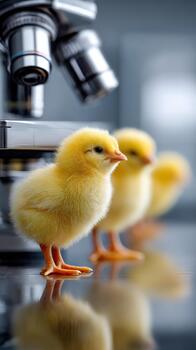 Newborn chicks lined up near a laboratory microscope in a modern setting photo