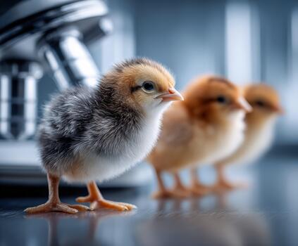 Newborn chicks lined up, showcasing their fluffy feathers in a bright setting photo