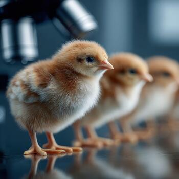 Newborn chicks lined up under microscope in laboratory setting photo