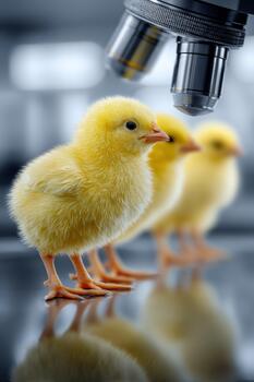 Newborn chicks lined up under a microscope in a lab setting photo