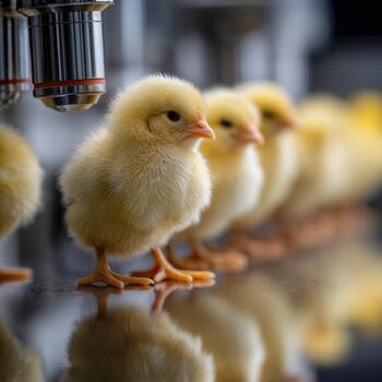 Line of newborn chicks waiting in the hatchery for their first steps photo