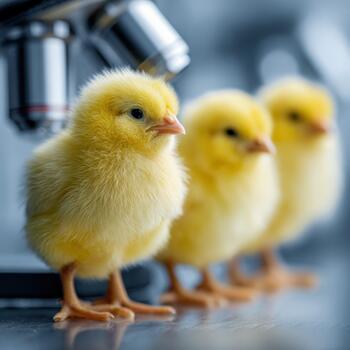 Newborn chicks lined up near a microscope in a bright laboratory setting photo