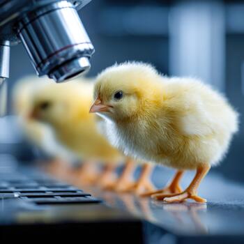 Newborn chicks exploring near a microscope in a lab setting photo