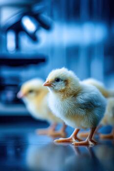Newborn chicks walk before a microscope in a bright, laboratory setting photo