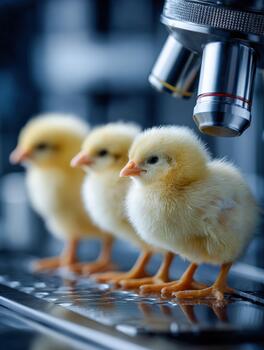 Newborn chicks lined up under microscope in a laboratory setting photo