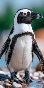 solitario pingüino explorador el suave apuntalar por el turquesa mar foto
