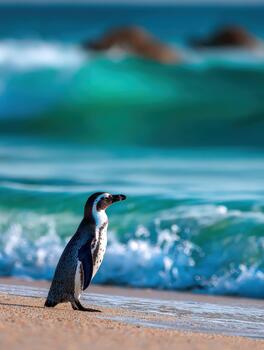 Lone penguin walks along smooth shore with turquoise sea in the background photo