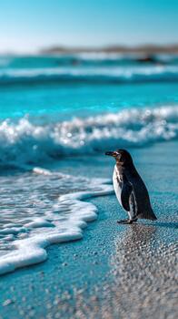 solitario pingüino camina a lo largo suave apuntalar con turquesa mar en antecedentes foto