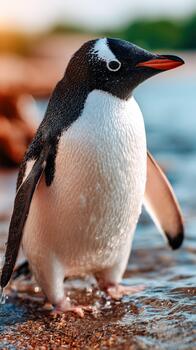 A penguin standing on the beach with its beak open photo