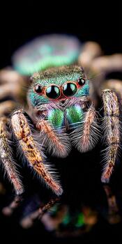 Colorful close-up view of a vibrant jumping spider showcasing its intricate details photo