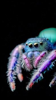 Colorful jumping spider displays vibrant hues in stunning macro close-up photo