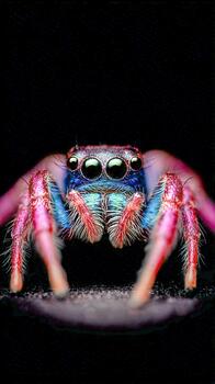 Colorful close-up of a jumping spider showcasing vivid patterns and details photo