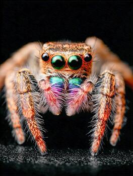 Colorful close-up of a jumping spider showcasing vibrant patterns and features photo
