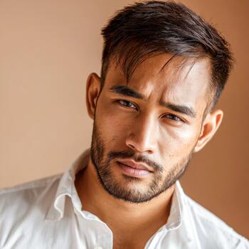 Young man with a serious expression posing against a plain background photo