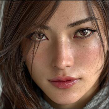 Natural portrait of a woman with expressive eyes and soft features in warm light photo