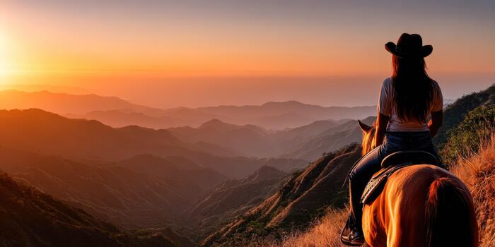 Sunset view from a horse rider overlooking mountains and valleys photo