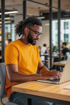 joven hombre trabajando en ordenador portátil en moderno trabajo colaborativo espacio durante luz horas foto