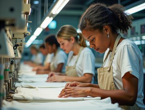 Workers engaged in clothing production in a textile factory during the day photo