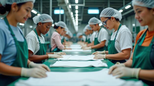Workers folding garments in a clean and organized factory setting photo