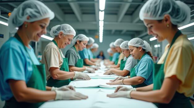Workers prepare materials in the textile factory during daytime shift photo