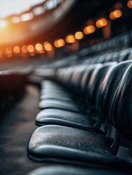 Empty stadium seats during sunset with warm lighting in the background photo
