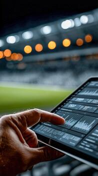 Analyzing sports data on a tablet during a game at a stadium photo