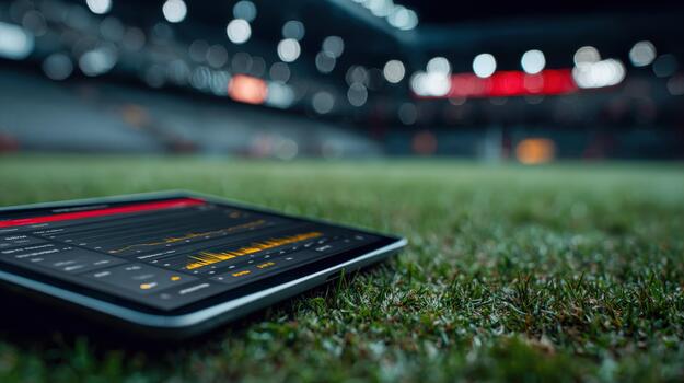 Tablet displaying sports analytics data during a game at an indoor stadium photo
