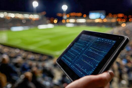 Analytics device in use at a nighttime sports event with vibrant stadium atmosphere photo