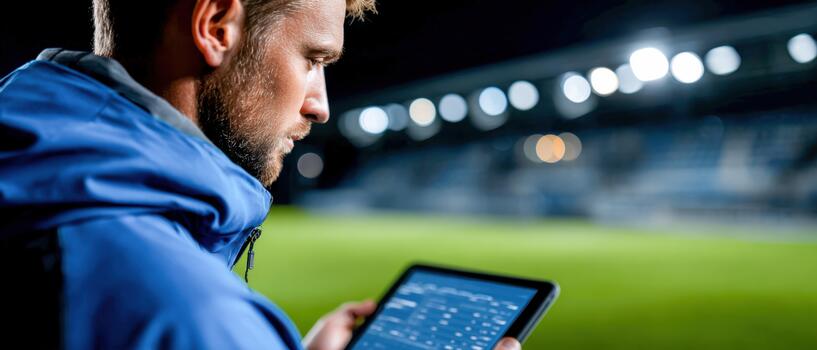 Coach uses tablet to analyze player performance at night soccer practice photo