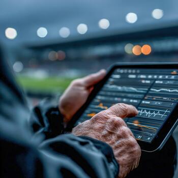 Sports analyst using tablet to monitor live game data at stadium during evening photo