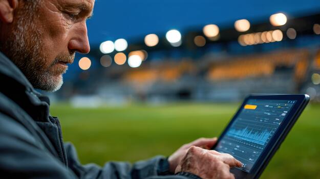 Coach analyzes player performance data during evening game on football field photo