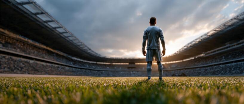 Soccer player stands on field at sunset in large stadium before match photo