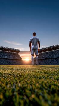 jugador miradas a puesta de sol terminado vacío estadio antes de grande partido foto